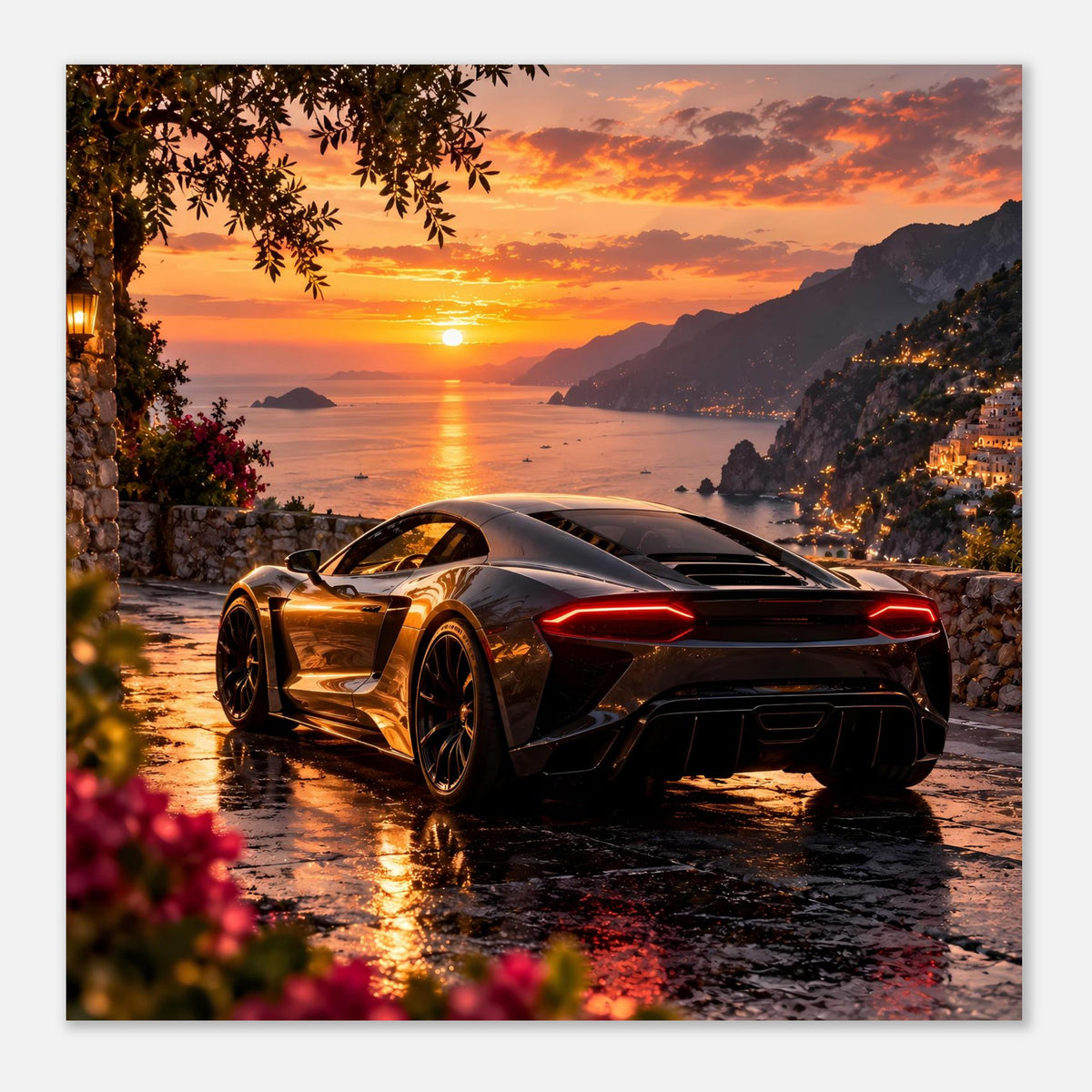 Poster: Sportwagen bei Sonnenuntergang, quadratischer Ausschnitt mit Küstenblick