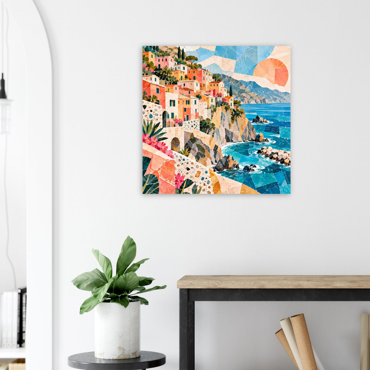 Wandposter mit Küstendorf und Meer, bunten Häusern auf Felsenküste