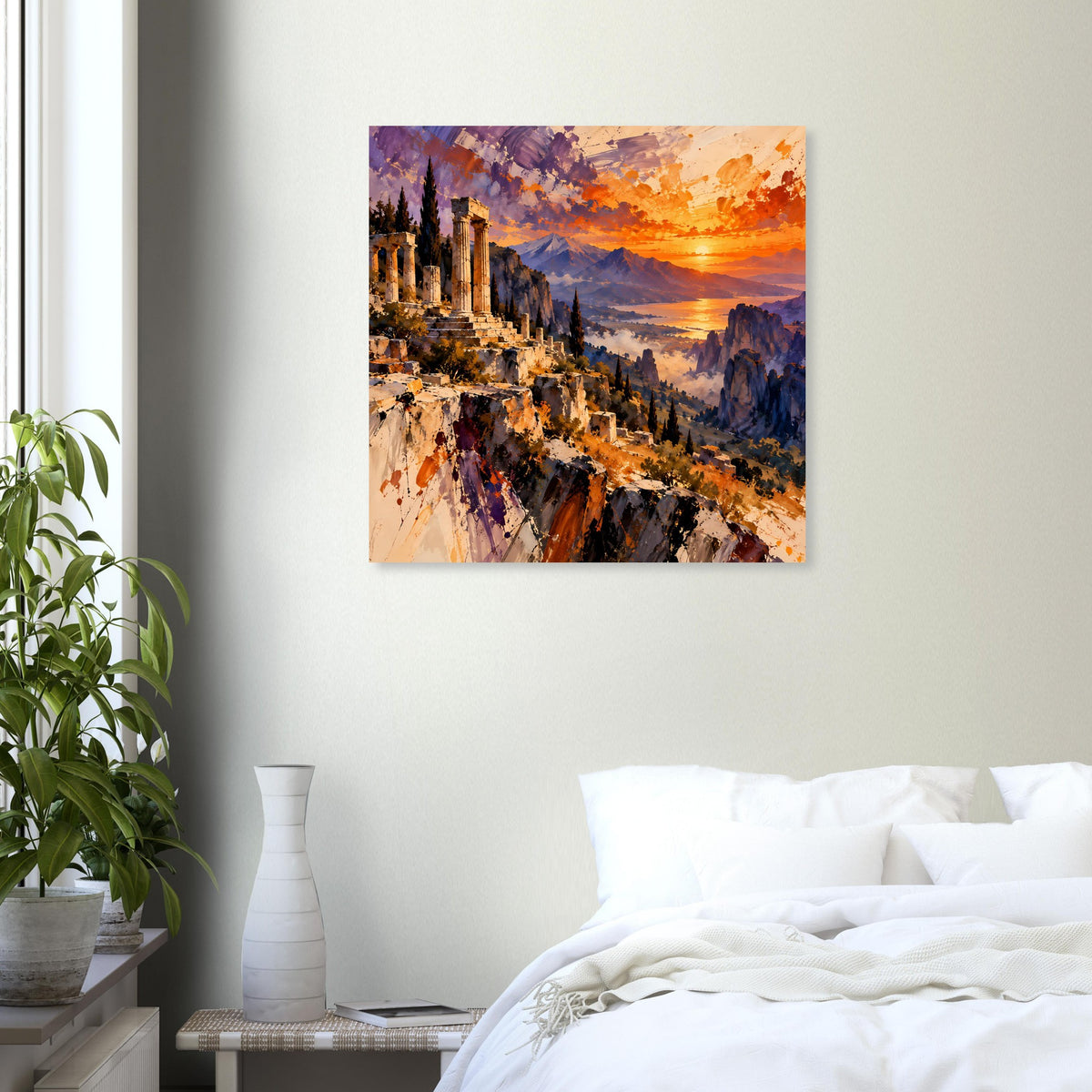 Matte Poster mit Blick auf antike Säulenruinen bei Sonnenuntergang und weiten Bergen.