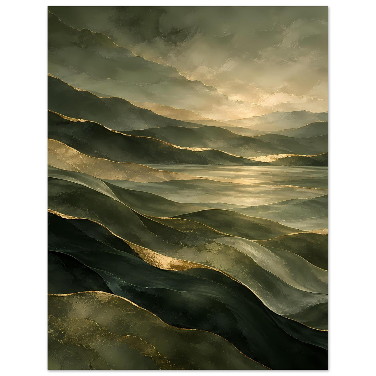 Vertikales Landschaftsposter mit grünen Bergwellen und goldenen Linien, weitläufiger Blick