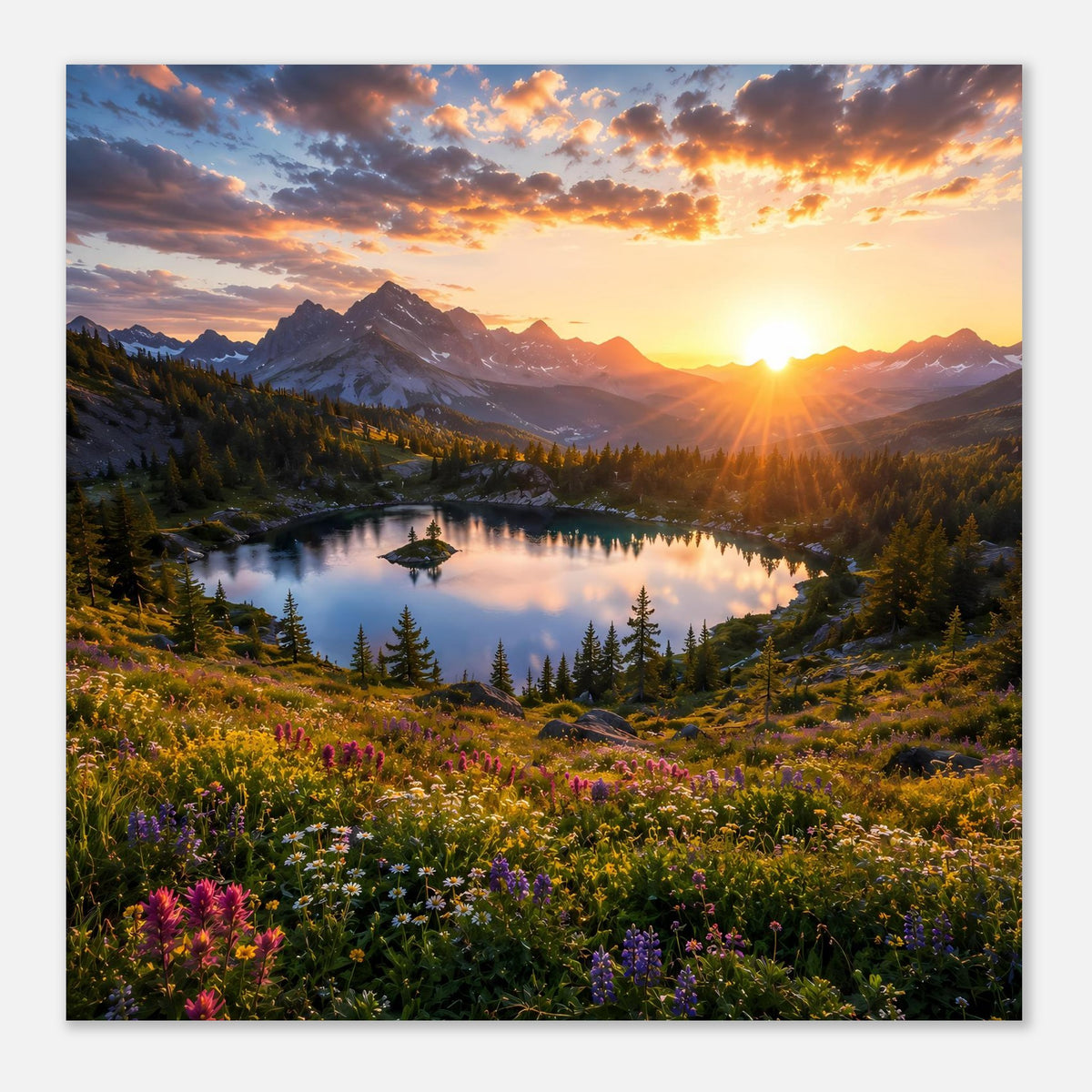 Großes Poster mit Alpensee im Sonnenuntergang, Bergen und blühender Wiese im Vordergrund