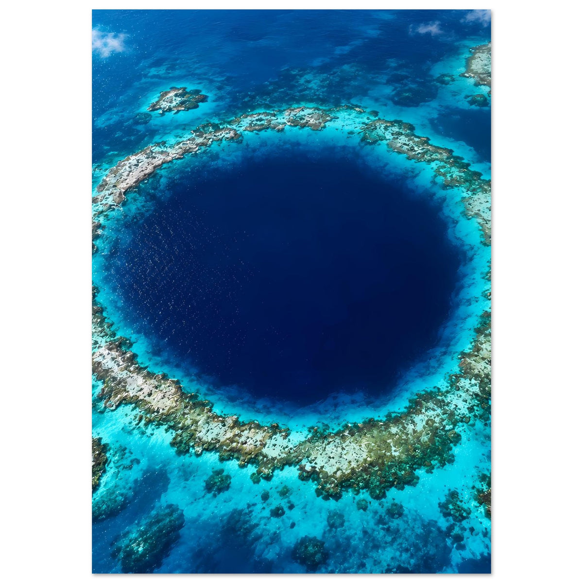 Unterwasser-Poster im Hochformat: rundes Korallenriff um ein dunkles blaues Zentrum