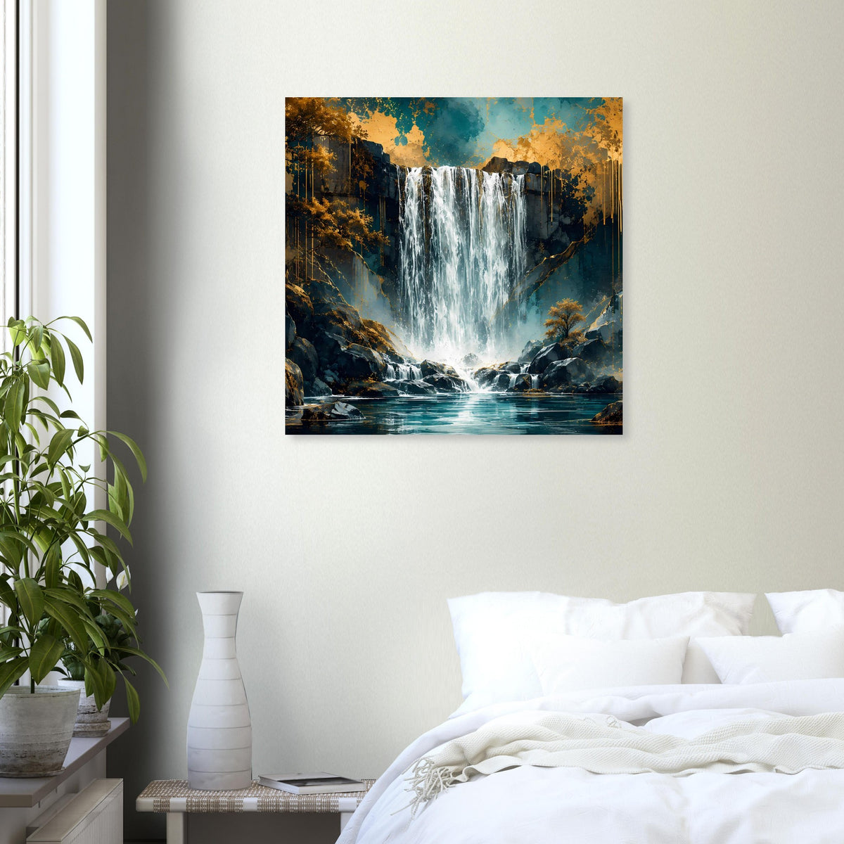 Rechteckiges Poster mit Wasserfall zwischen Felsen, türkisfarbenem Strom und goldenem Laub