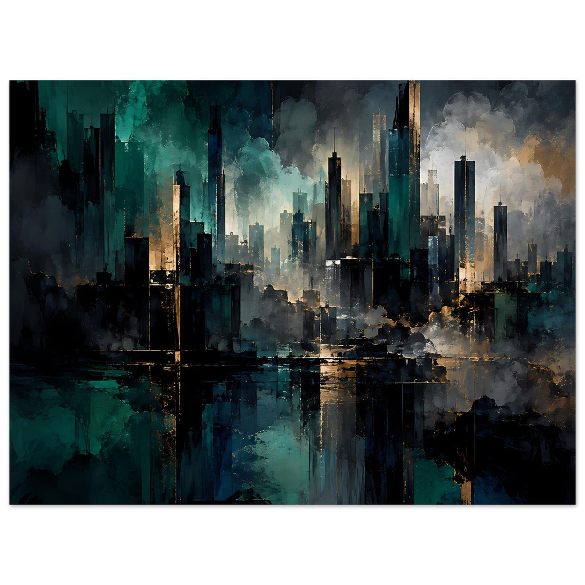 Abstraktes Stadtposter im Querformat: Skyline in Blau, Türkis und Gold mit Nebelspuren