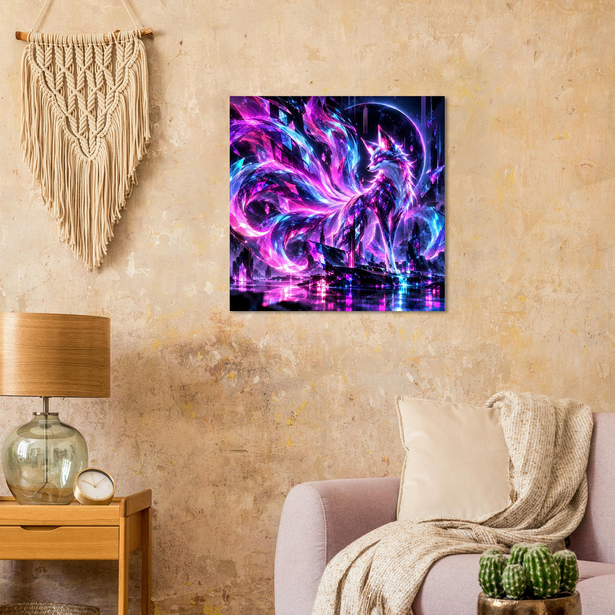 Quadratisches Fantasy-Poster mit Neon-Fuchs, glühenden violett-blauen Wirbeln und Kristalllichtern
