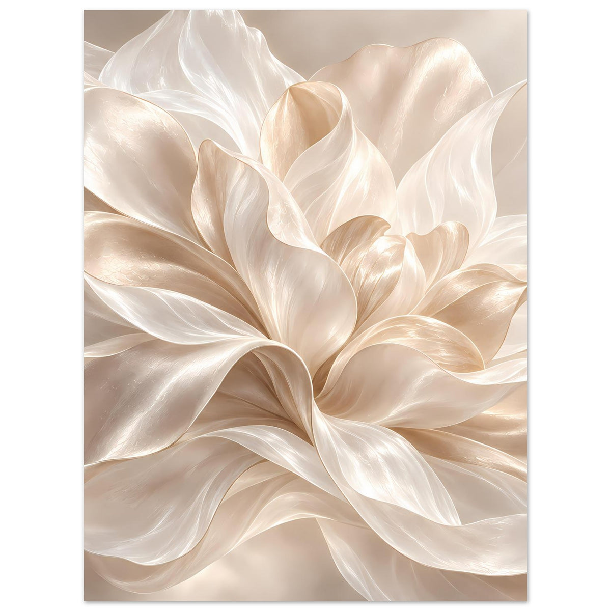 Hochformatiges Floralposter mit cremefarbenen Seidenblüten und weichen Falten