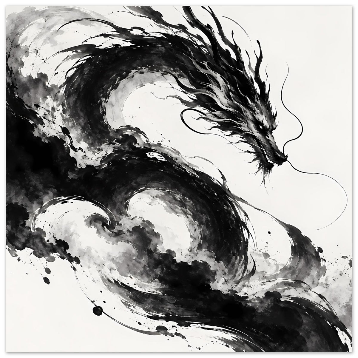 Drachenkunst-Poster Schwarzweiß mit Drachenkopf und -flügeln, leicht gedreht, horizontal