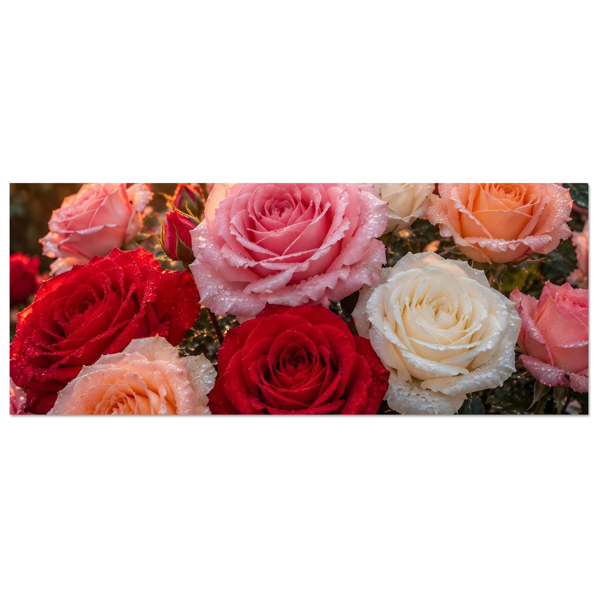 Rosenblüten-Poster, horizontales Motiv mit mehreren Rosen in Rot, Rosa, Weiß und Orange