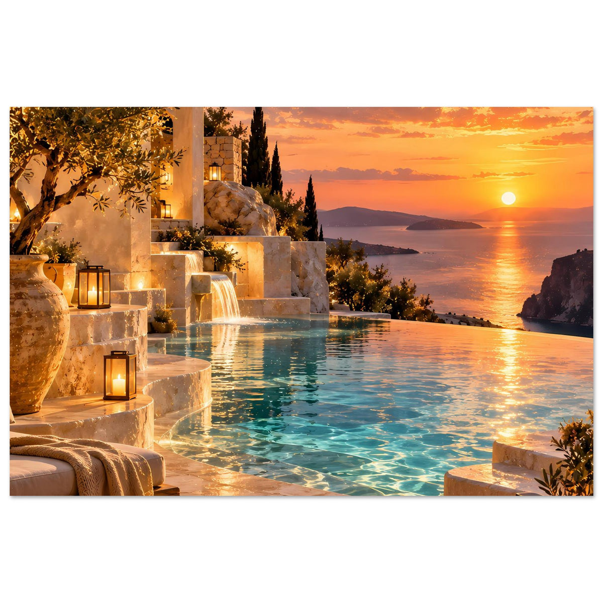 Landschaftsposter mit Pool-Terrasse, Springbrunnen und Sonnenuntergang über dem Meer