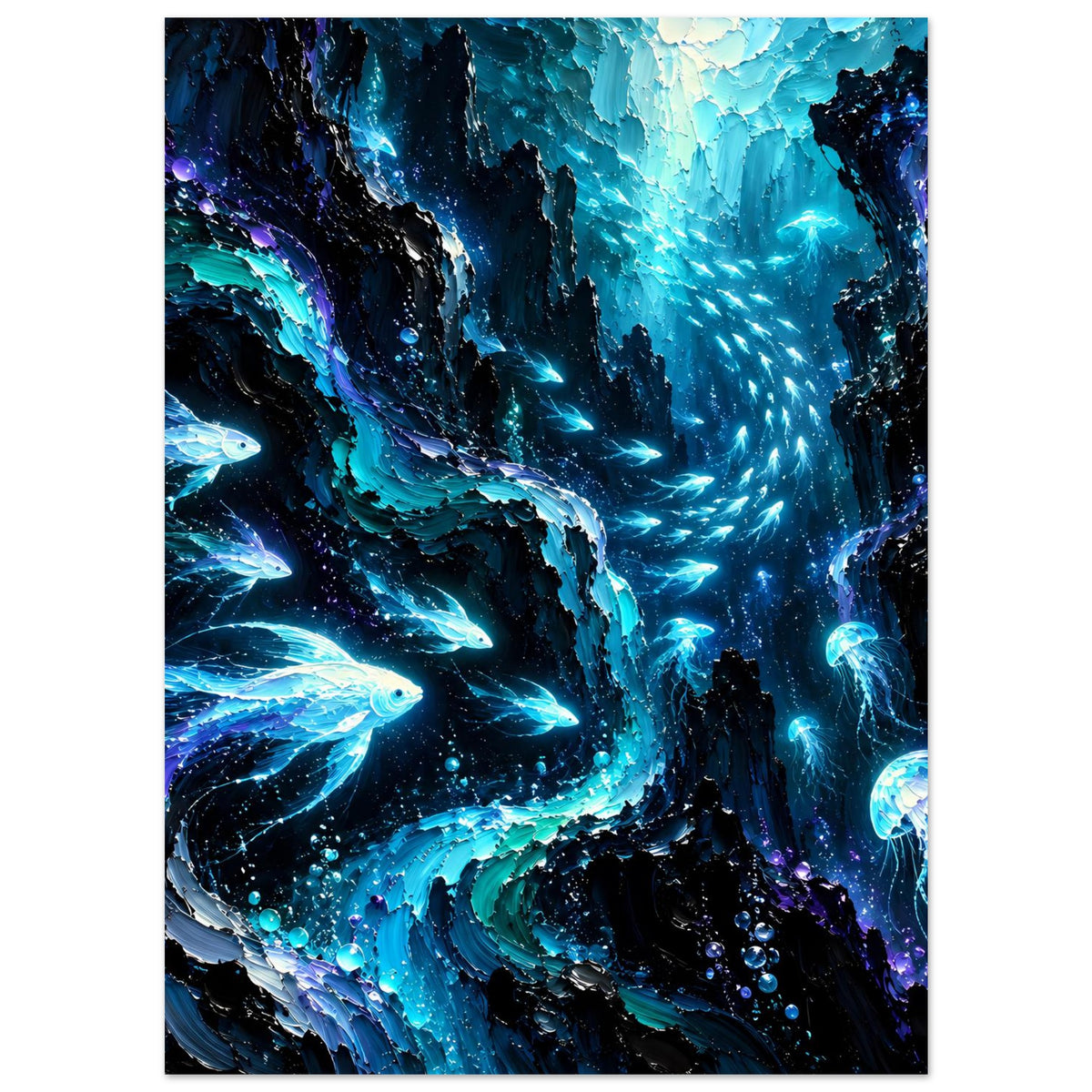 Leuchtendes Meeresleben-Poster: Fische links, Quallen rechts, leuchtende Unterwasserlandschaft