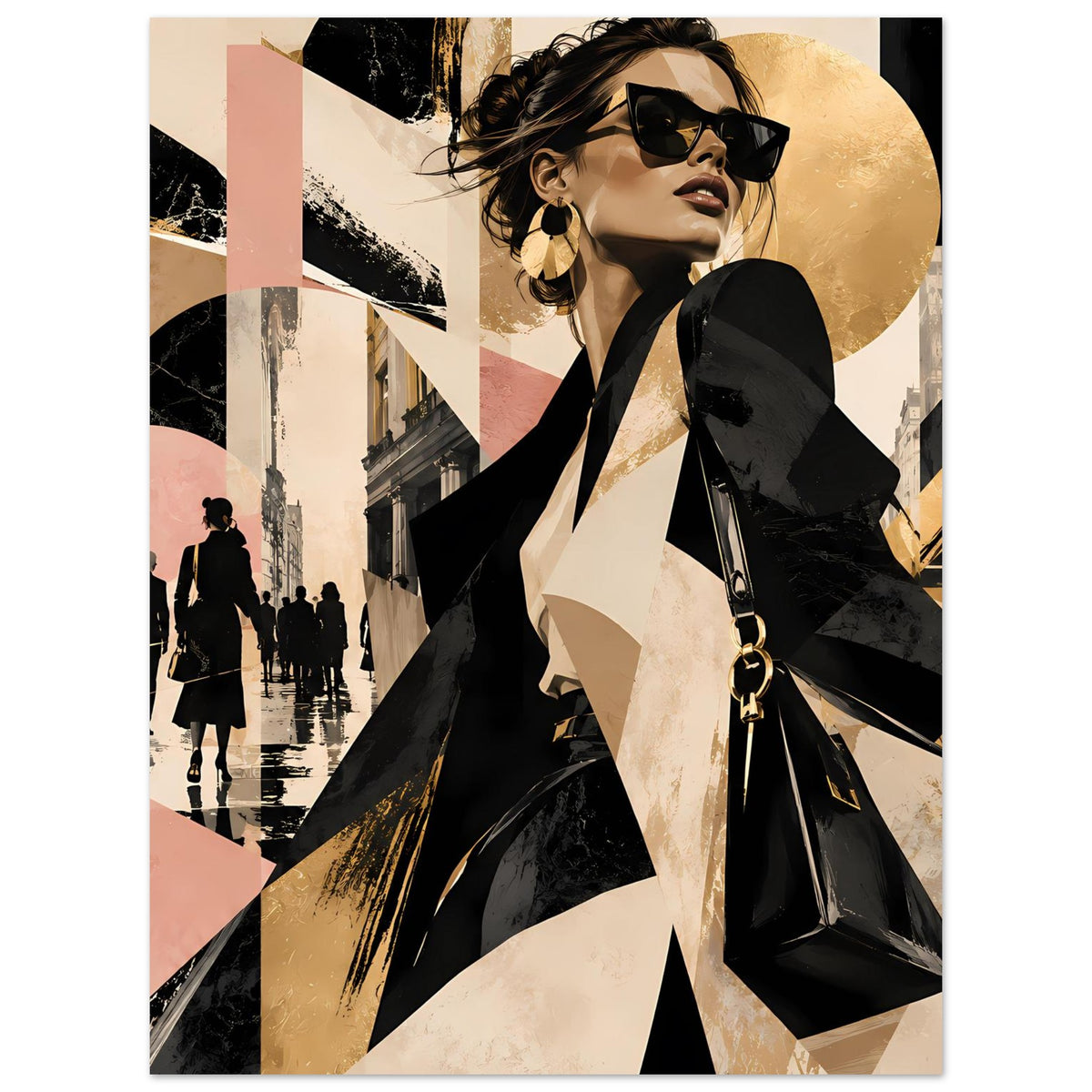 Wandposter, stilisierte Fashion-Figur in Schwarz mit Sonnenbrille und schwarzer Handtasche