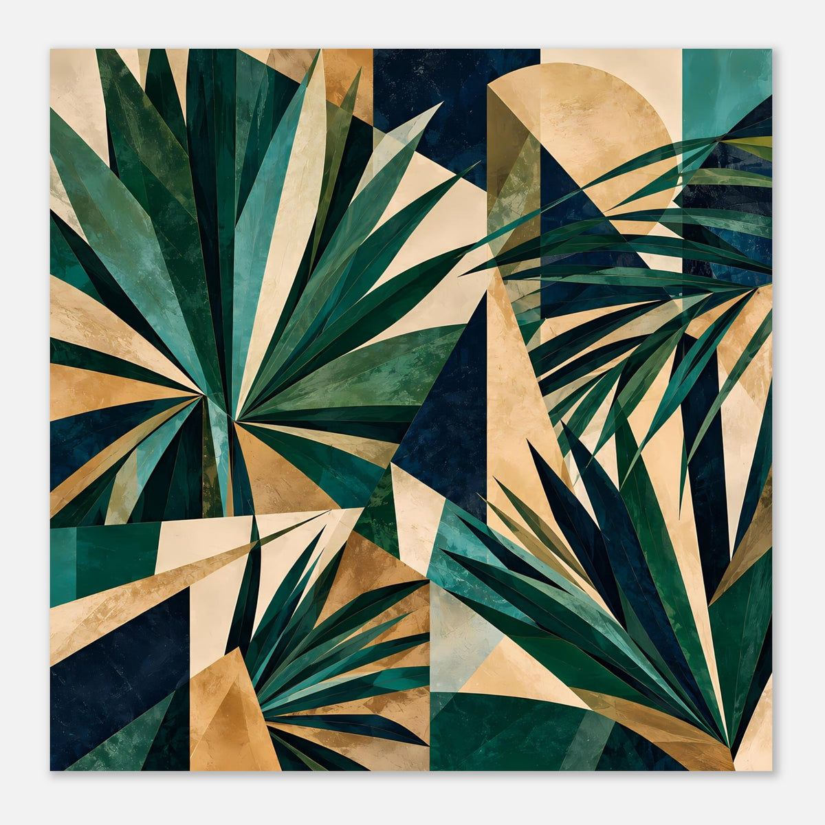 Quadratisches Kunstposter mit geometrischem Blätter-Muster in Grün, Dunkelblau und Gold
