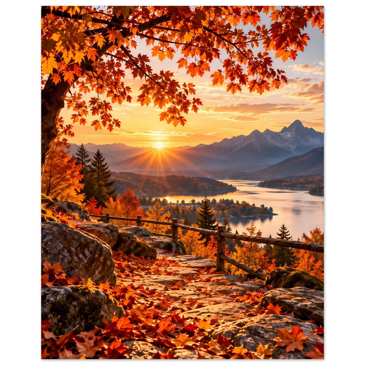 Herbstlandschafts-Poster: orangefarbenes Laub, Sonnenuntergang, Berge und ruhiger See