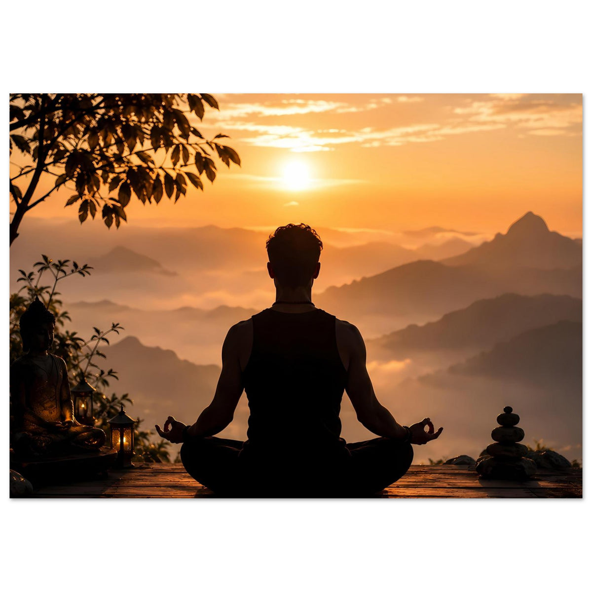 Meditationsposter im Hochformat: sitzende Silhouette, orange Sonnenlicht, Steinhaufen und Holzsteg