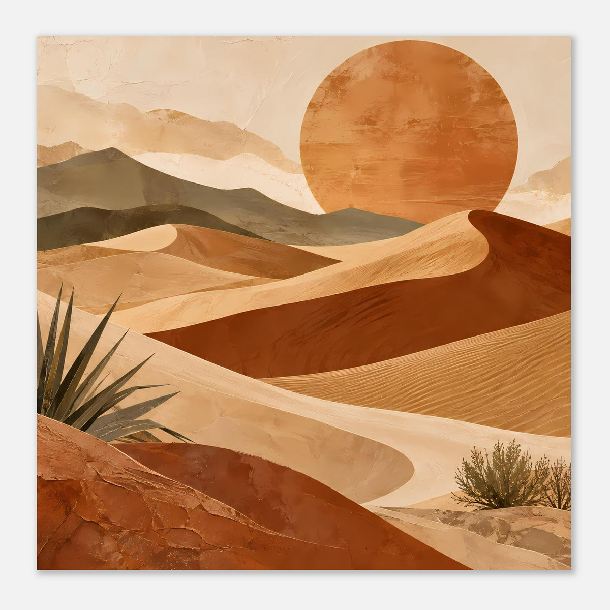 Quadratisches Poster mit Wüstenlandschaft: Kreis-Sonne, Dünenkämme und warme Braun- und Beige-Töne