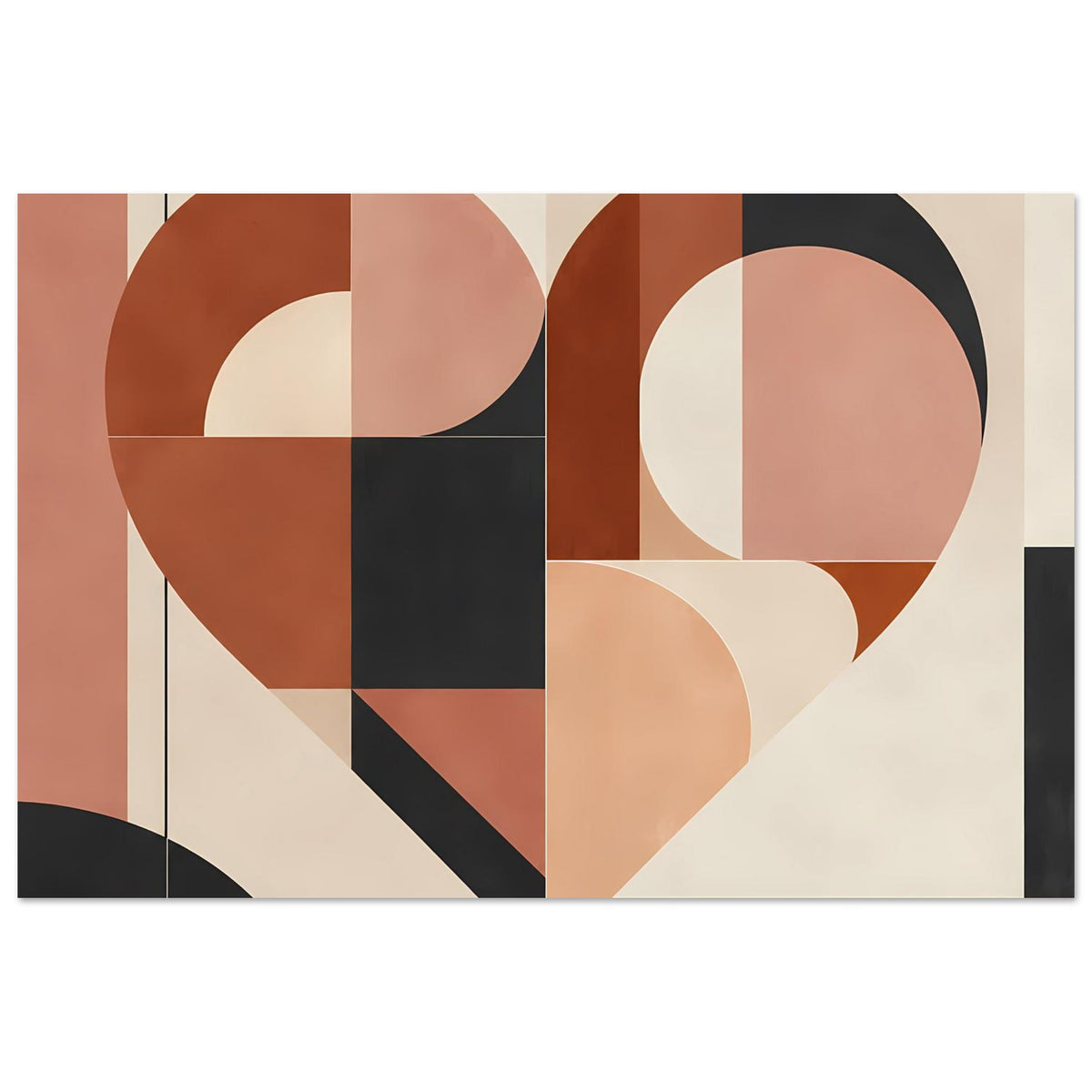 Poster mit geometrischem Herz in Terrakotta und Rosa, schwarze Akzente, abstraktes Bauhaus-Design