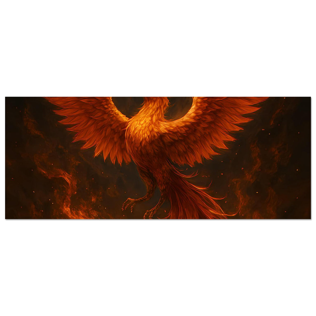 Querformat-Poster mit Phönixflügeln in Orange und Flammen, unten gelb leuchtende Glut