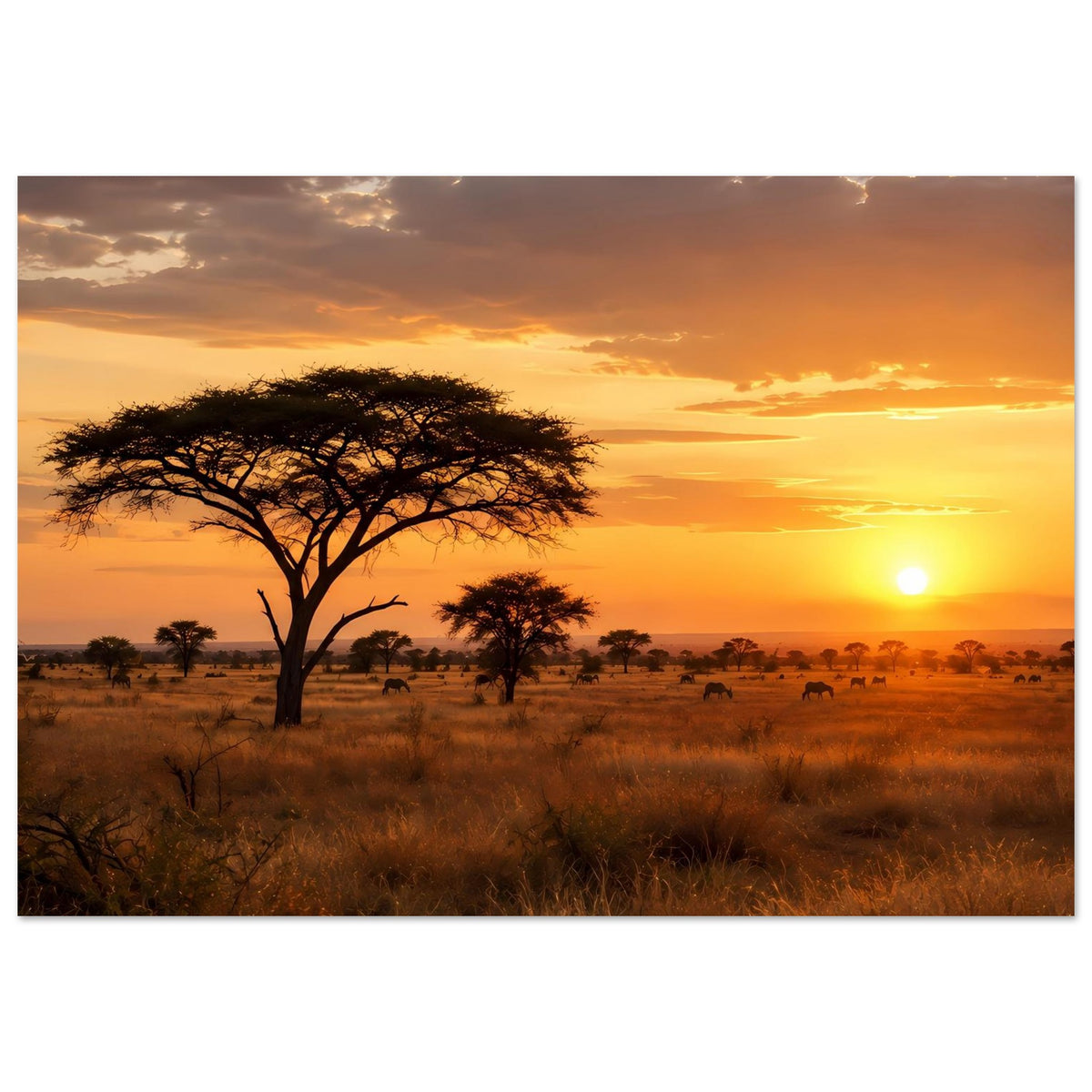 Horizontales Poster mit Akazienbaum, Savannenlandschaft und warmem Licht zum Sonnenuntergang