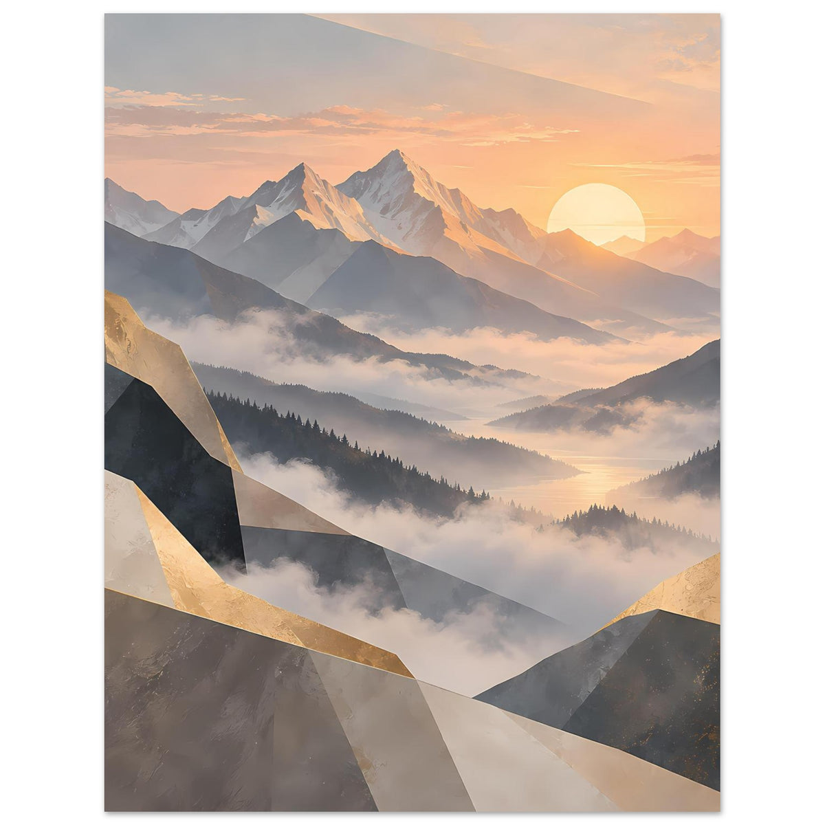Hochformat-Poster: Bergkette bei Sonnenaufgang, goldene Akzente, weiche Nebelschichten