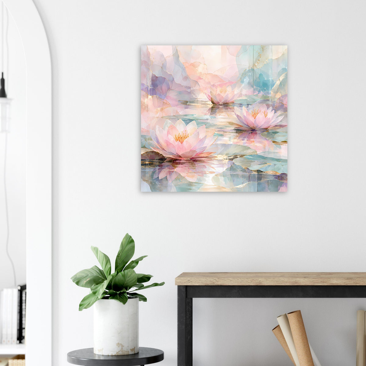 Quadratisches Wandposter mit Seerosen auf Wasser, zarte Pastellfarben in Rosa und Blau.