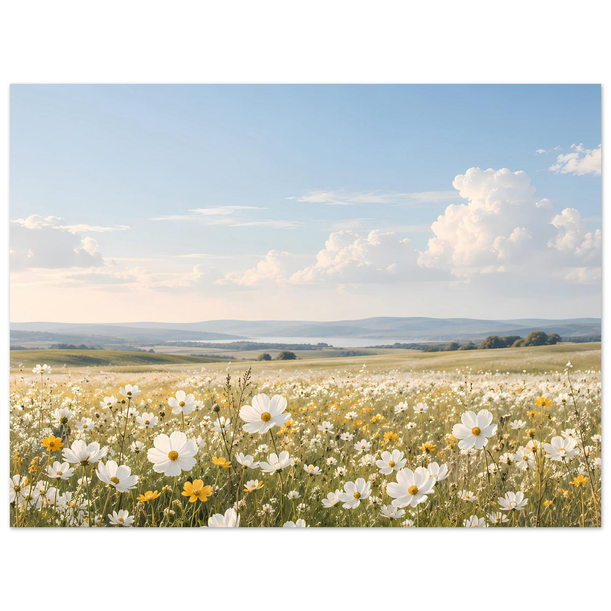 Wandposter mit Blumenwiese aus weißen Margeriten, gelben Blüten und weiten Hügeln
