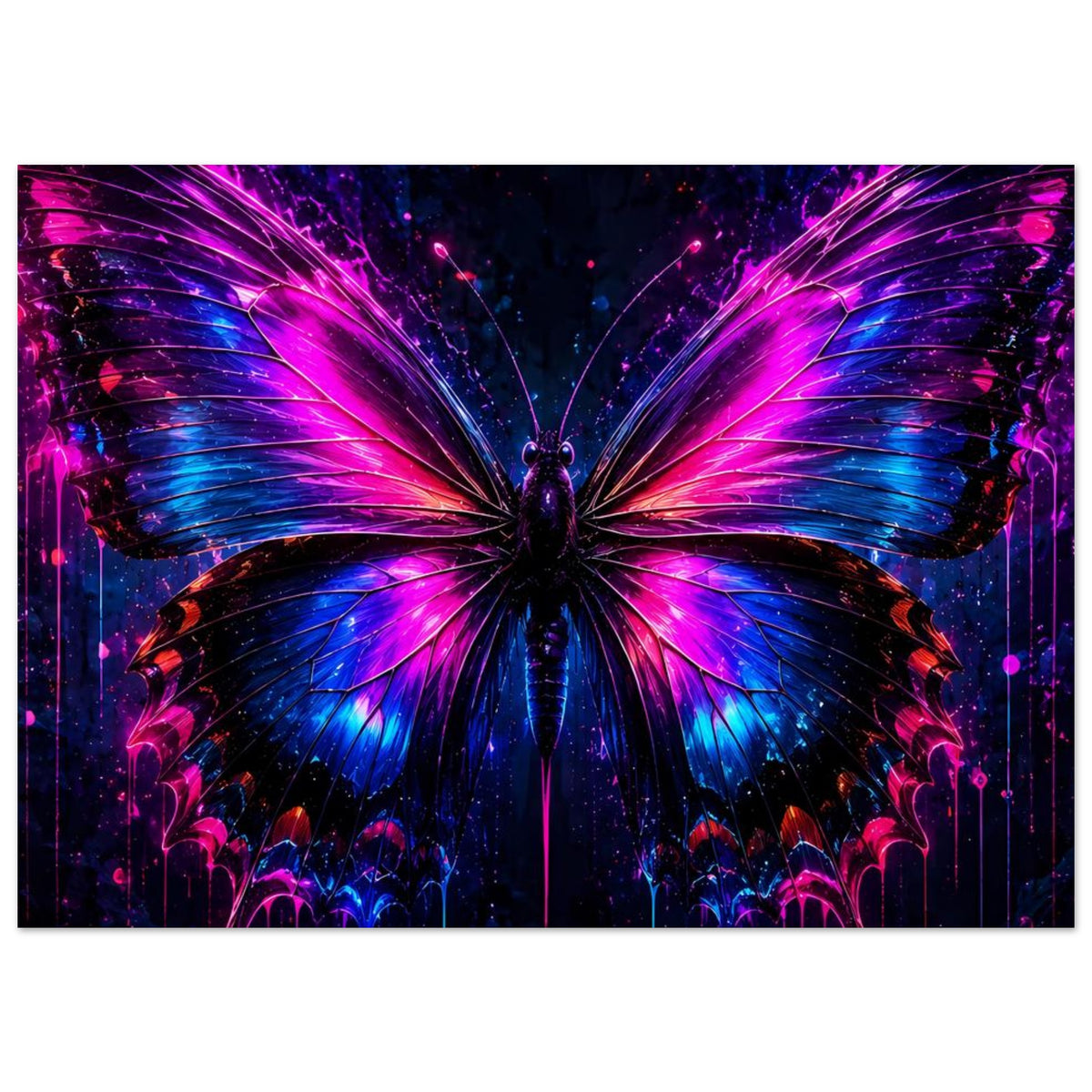 Neon-Schmetterling Poster, mittige Ansicht mit großen, leuchtenden Flügeln in Pink und Blau