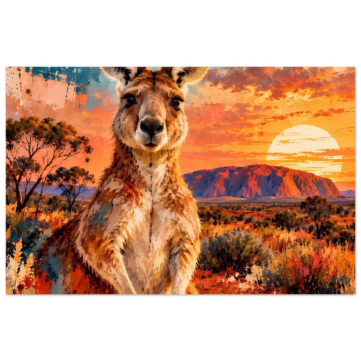 Posterdruck mit Känguru bei Sonnenuntergang, farbenfrohe Landschaft mit Felsbergen und Himmel