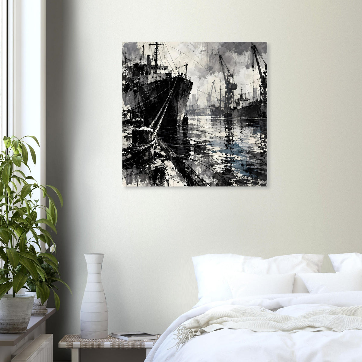 Rechteckiges Schwarzweiß-Poster mit Hafenblick und Schiffsansicht