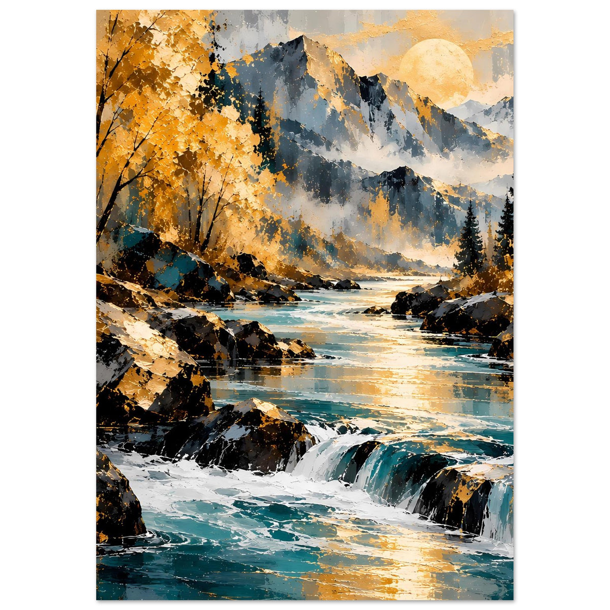Hochkantposter mit Herbstlandschaft: Fluss mit Wasserfall, goldene Bäume und Berge