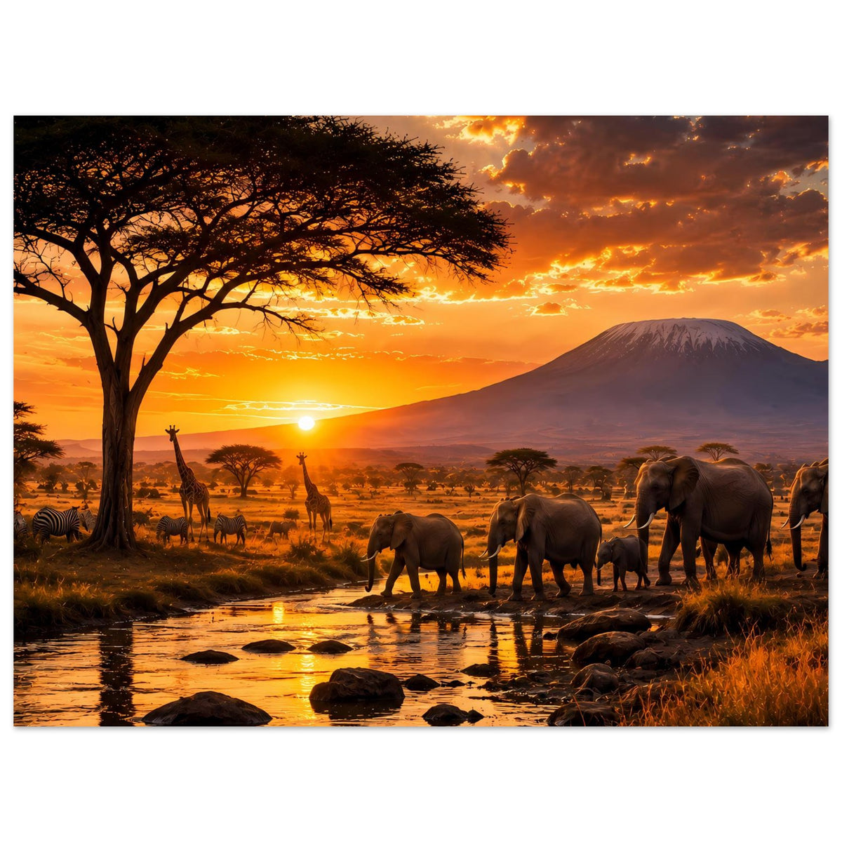 Safari-Poster: Elefantenherde am Wasserlauf, großer Akazienbaum und goldener Himmel