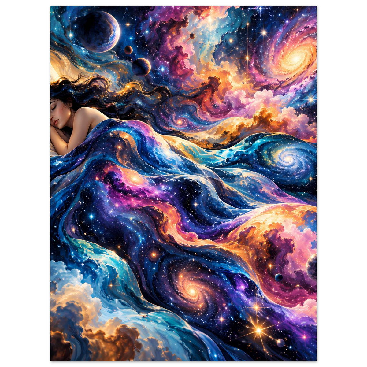 Galaxie-Poster im Hochformat: liegende Frau, leuchtende Planeten, Sterne und Weltraumnebel.