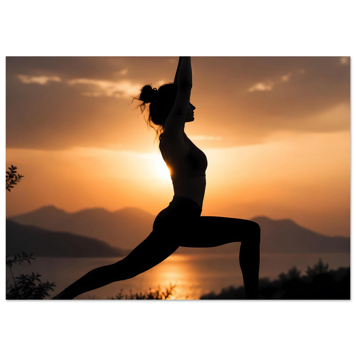 Yoga-Posenposter: Silhouette einer Frau in Ausfallschritt, ein Bein nach vorn gestreckt
