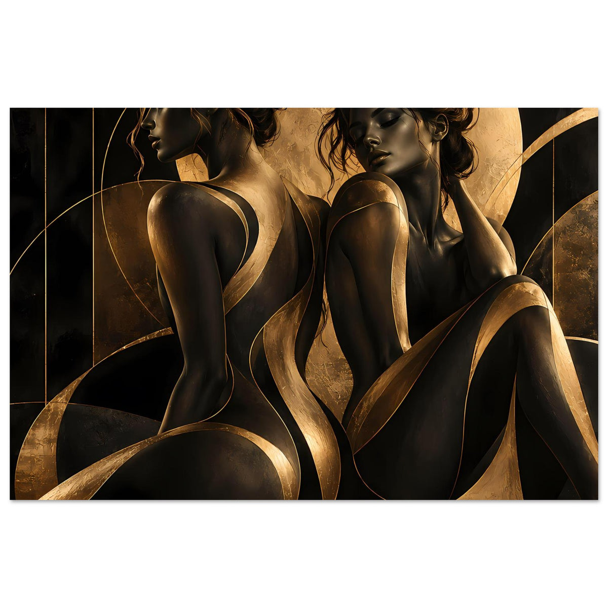 Kunstposter mit zwei Frauenakt-Silhouetten in Schwarz und Gold, Fokus auf Rückenansatz und goldene Schwünge