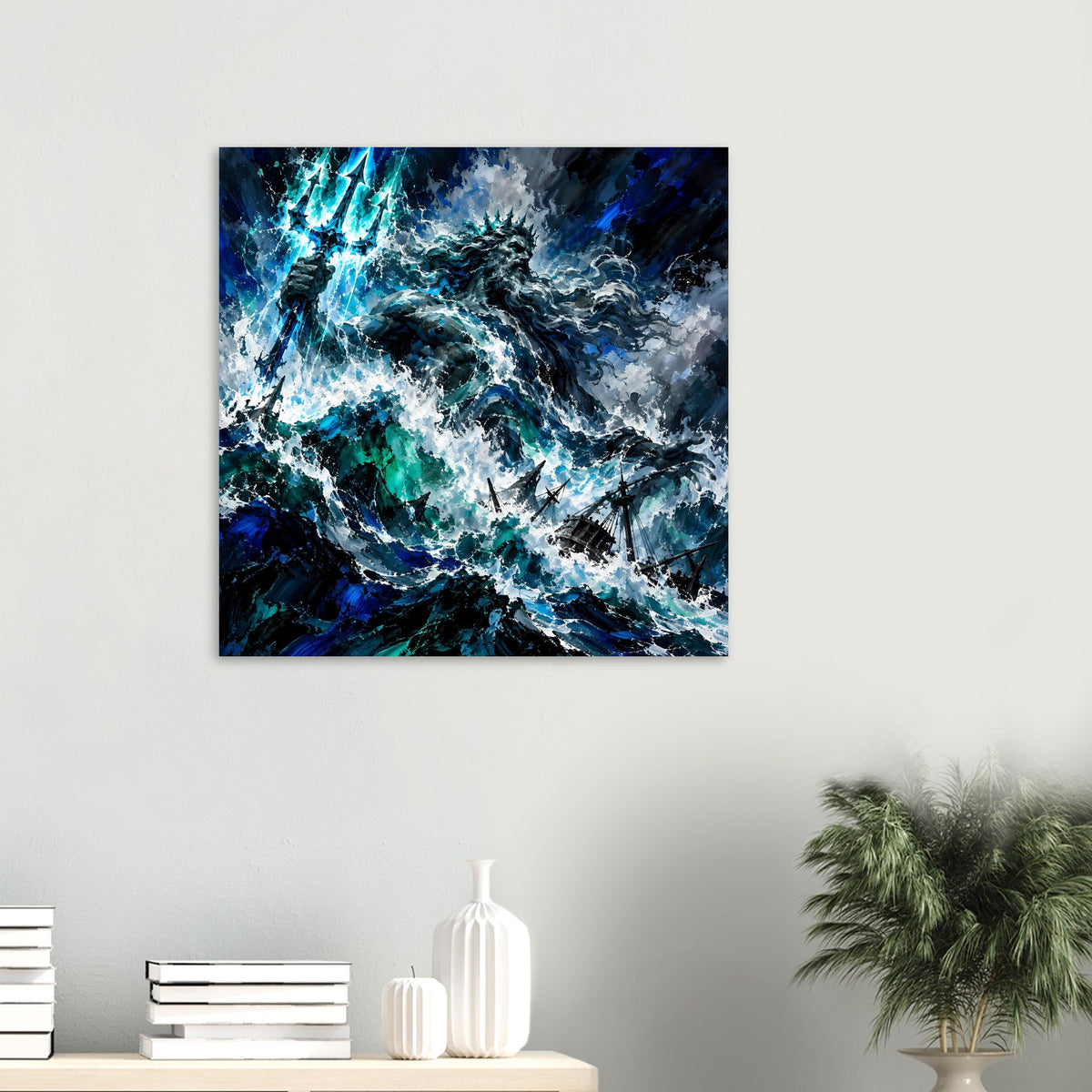 Quadratisches Sturm-Poster mit Poseidon, Blitzenergie und Wellen im kräftigen Blau