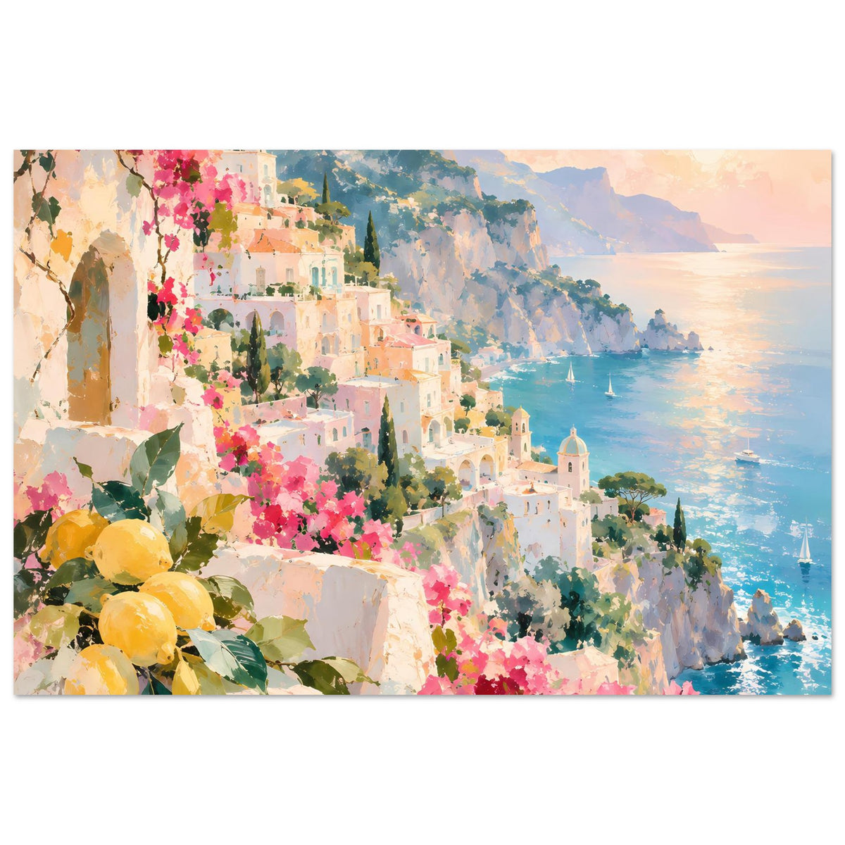 Kunstdruck-Poster der mediterranen Küste mit Stadt, rosa Blüten, gelben Früchten und türkisfarbenem Meer