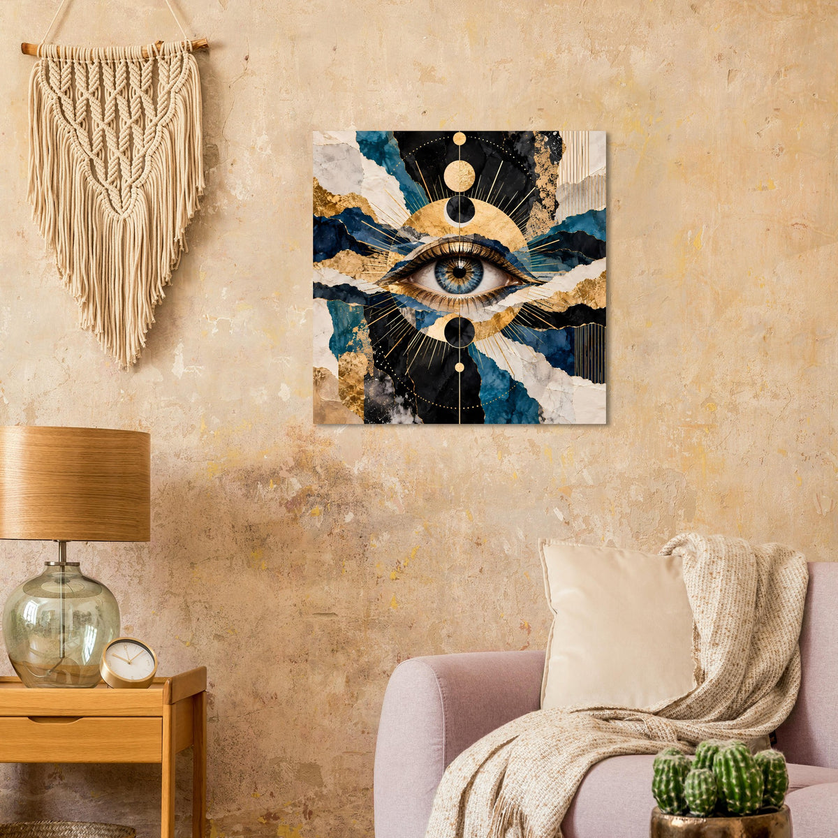 Wandposter mit Auge, goldenen Linien und türkisen Segmenten auf dunkel gemustertem Hintergrund