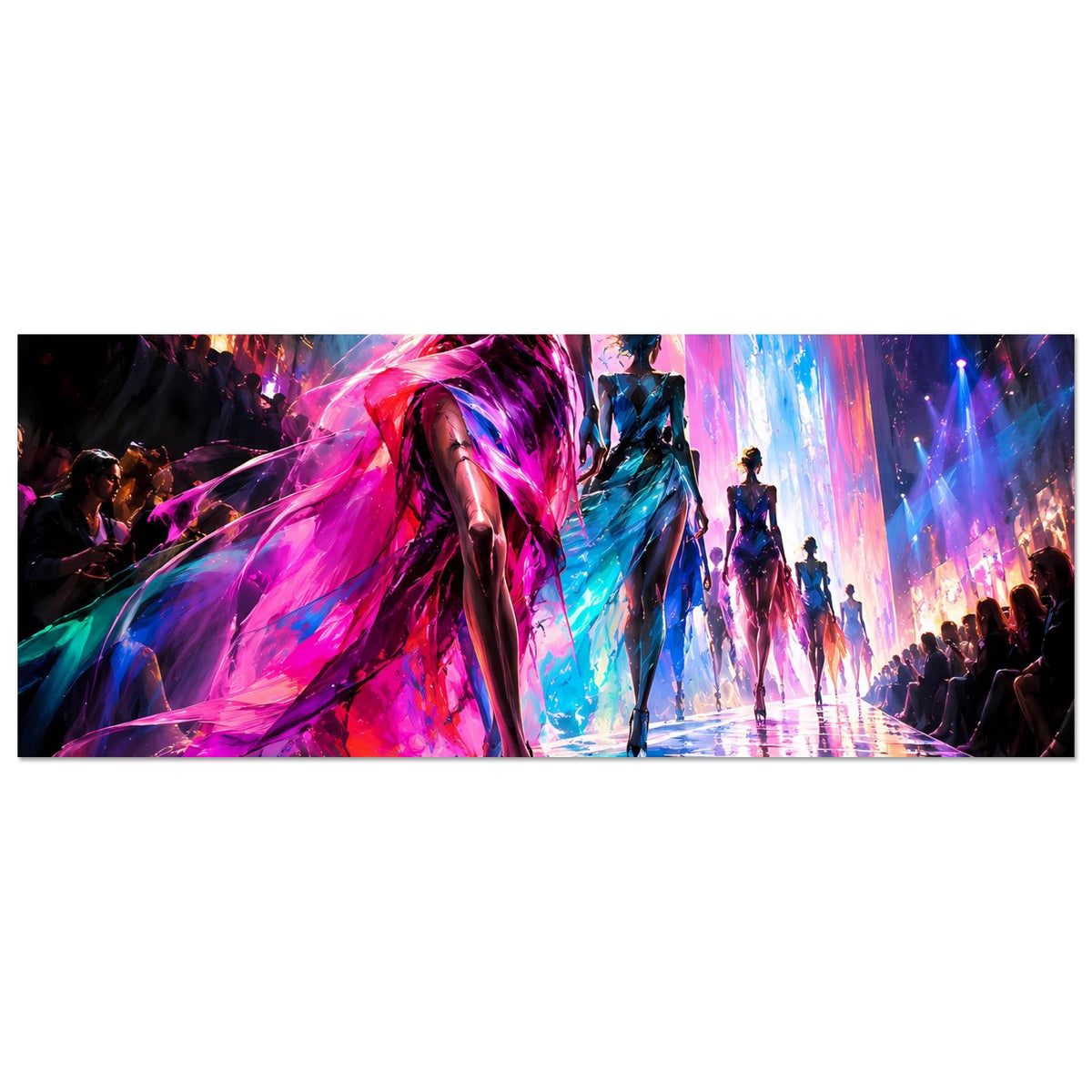 Poster, horizontal: Laufsteg mit futuristischer Frau, Neonfarben Pink, Blau, mehrere Figuren