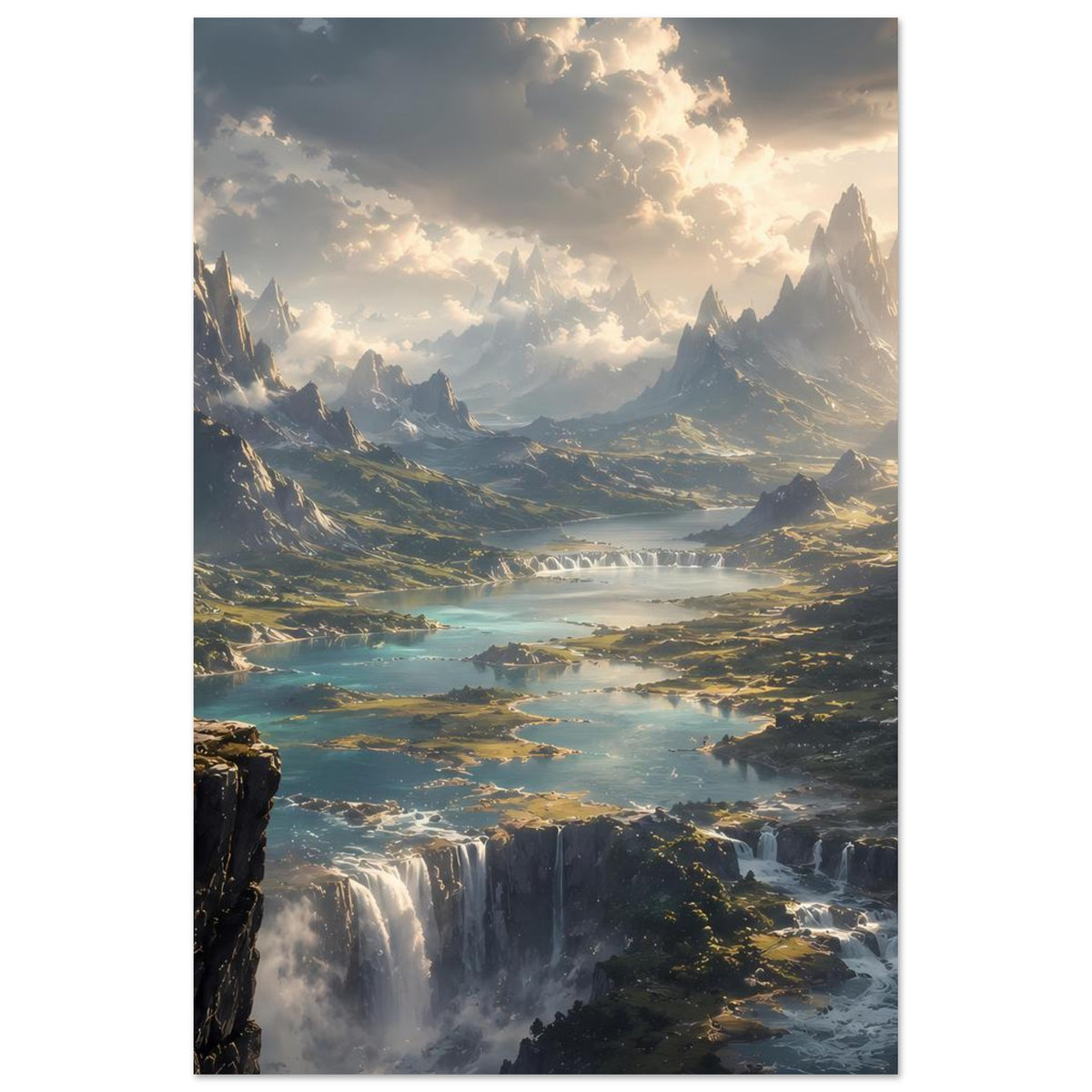 Vertikales Poster mit Bergtal, Fluss und Wasserfällen, Person links am Rand