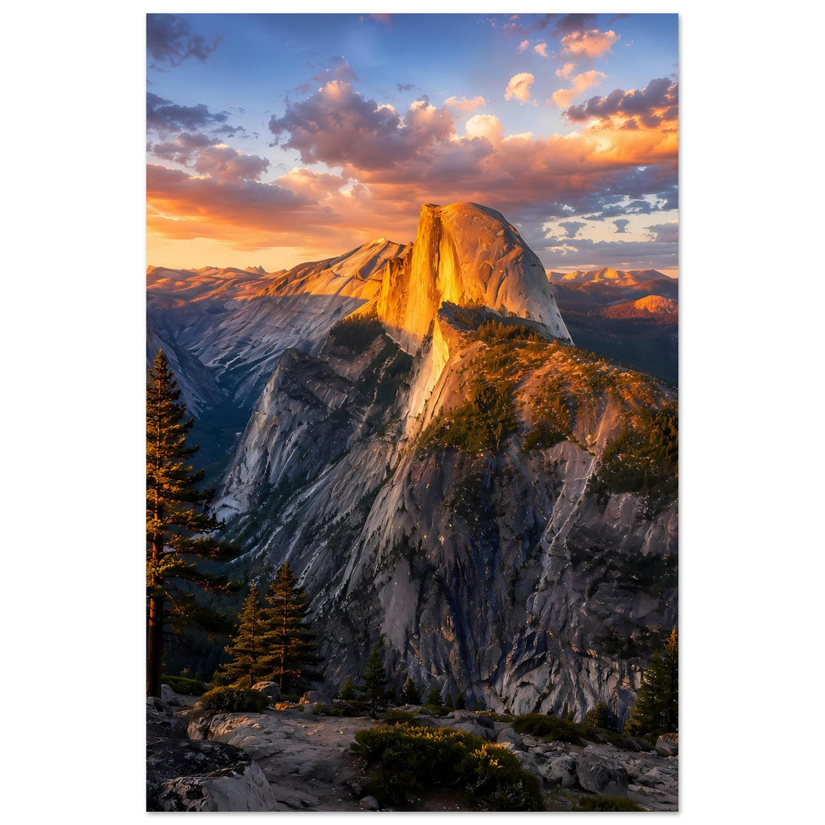 Wandposter: markanter Berggipfel im orange-roten Abendhimmel, umgeben von Berglandschaft