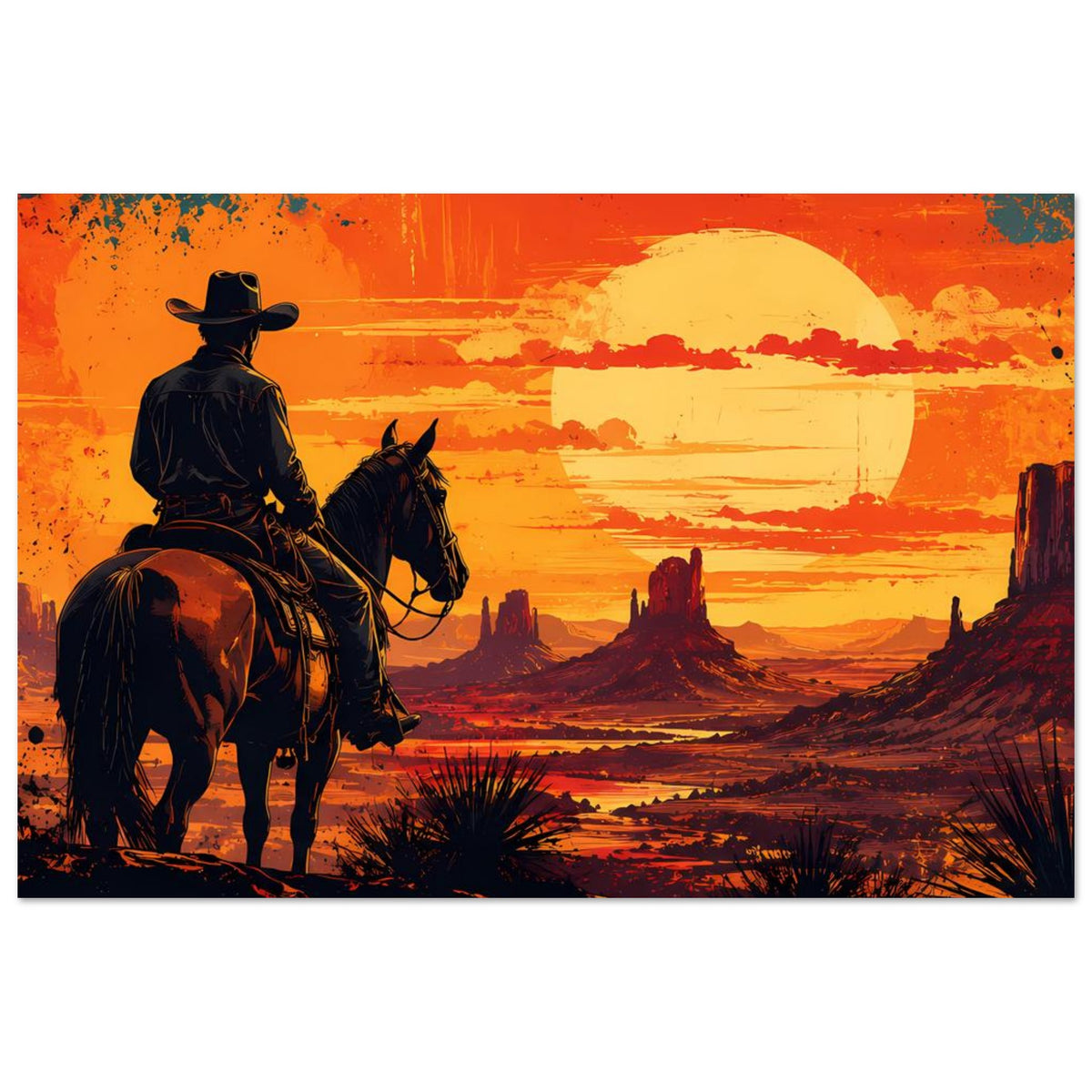 Cowboy-Poster mit Reiter auf Pferd, großer gelber Sonne über Wüste, Orange/Rot.