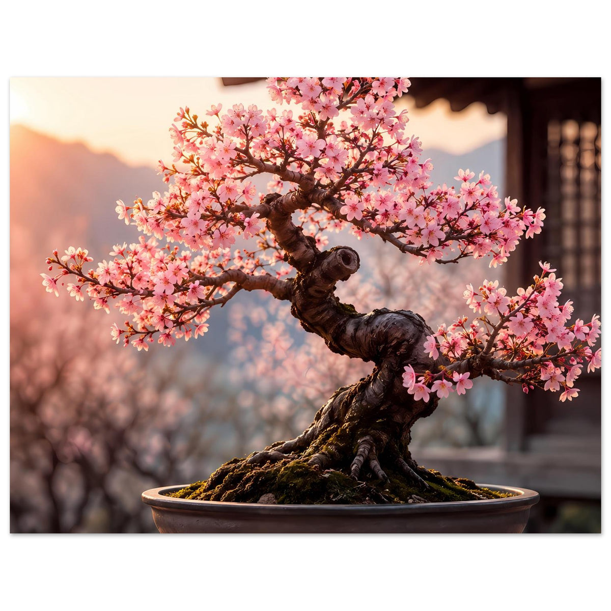 Bonsai-Kunstdruck: pink blühender Bonsai mit Schale, vertikal im Nahblick