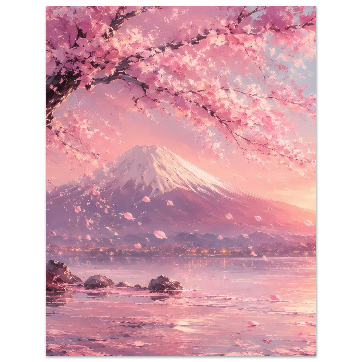 Vertikales Poster mit Kirschblütenzweigen, Fuji-Berg und rosafarbenem See bei Abendlicht
