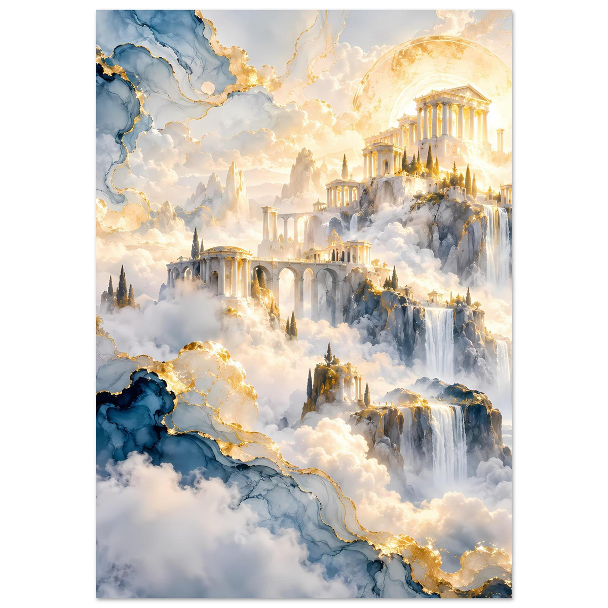 Poster im Hochformat mit goldener Sonne über einer Berglandschaft, Wasserfälle und Wolken