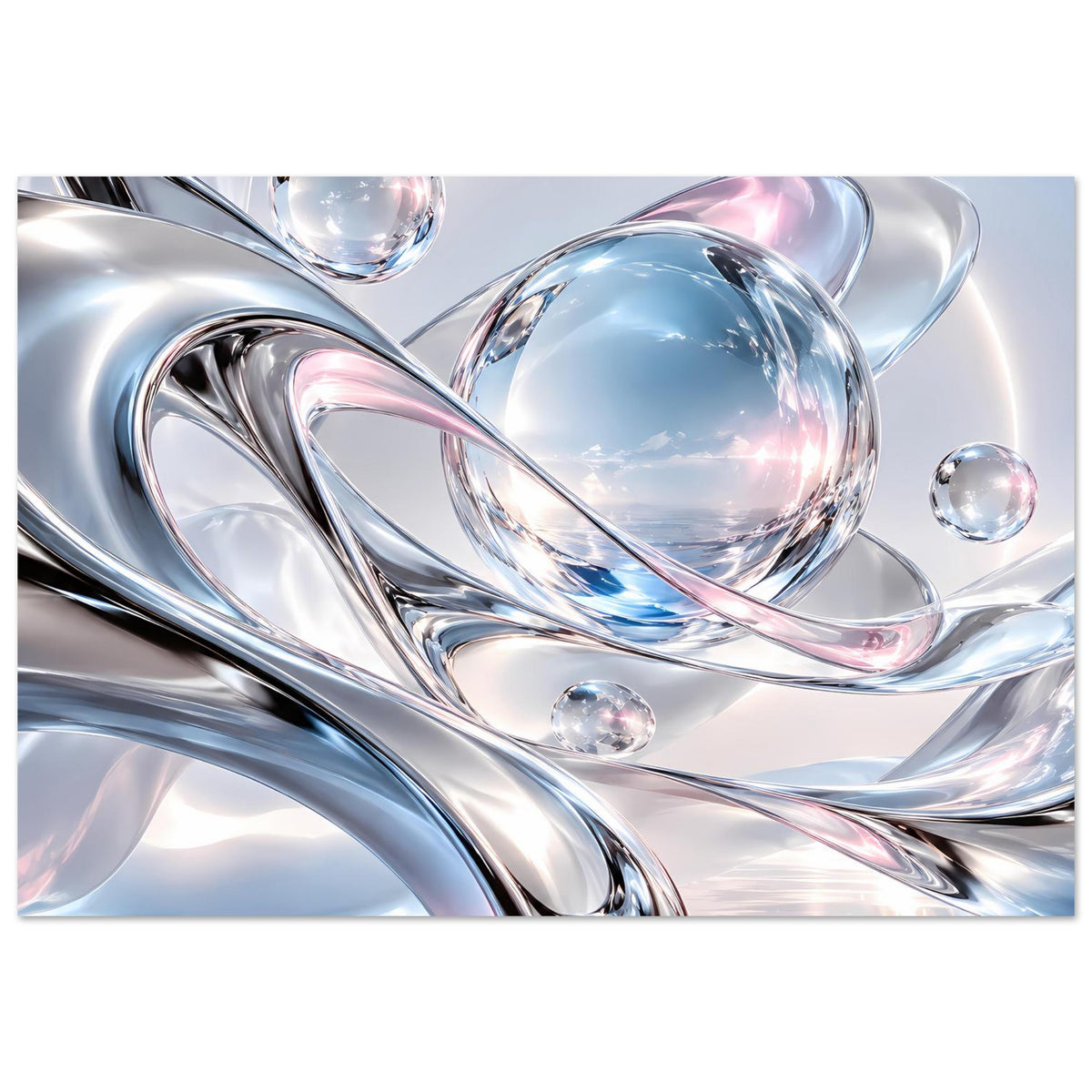 Abstraktes Kunstposter mit glänzenden Metallbögen und Kugeln in Blau und Rosa