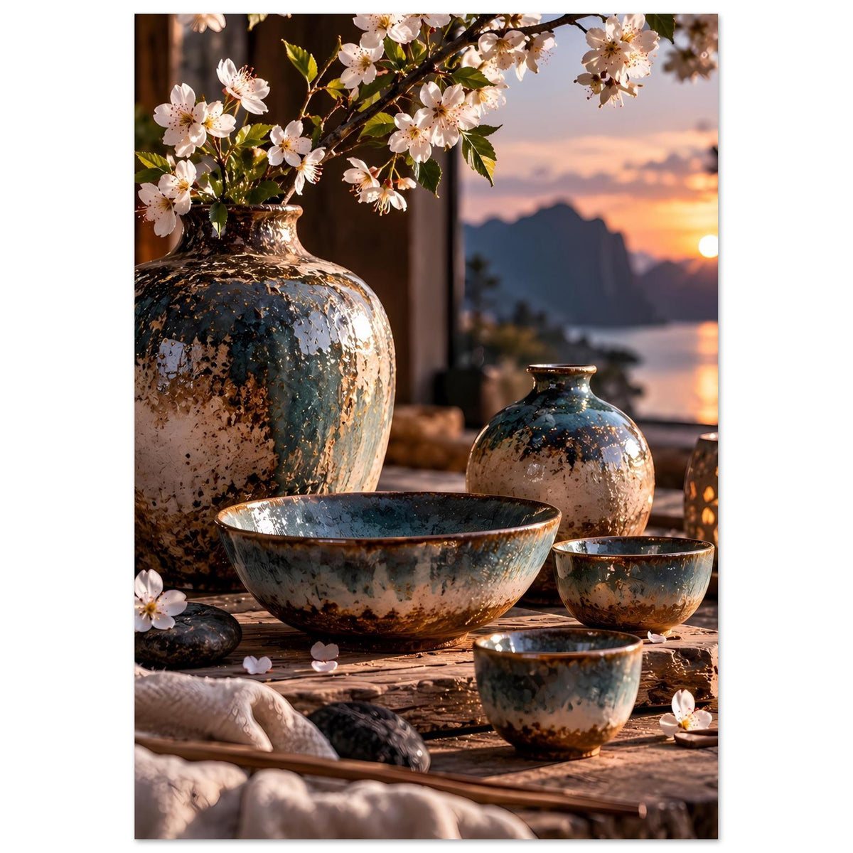 Poster mit japanischer Keramik: große Vase, Schale und Teetassen, Blütenzweig oben