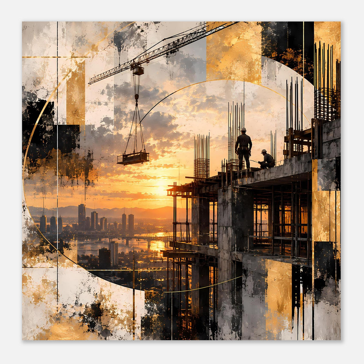 Gerahmtes Poster mit Baustellen-Skyline, Kran und Sonnenuntergang, quadratisch