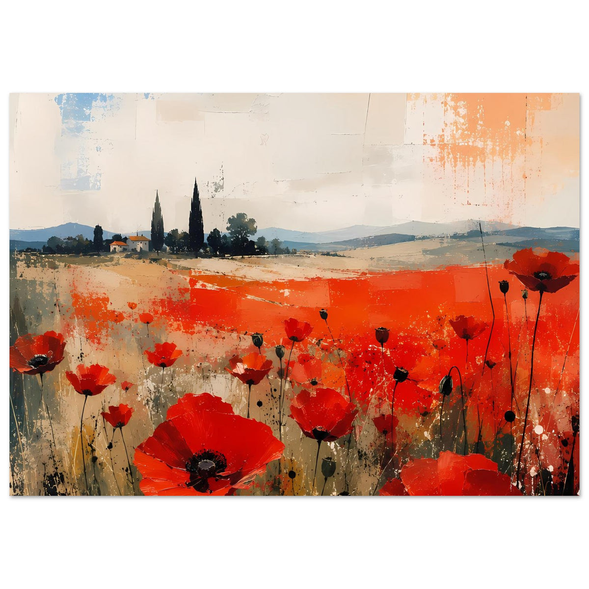 Poster mit roten Mohnblumen und orange-rotem Streifen über beigen Flächen