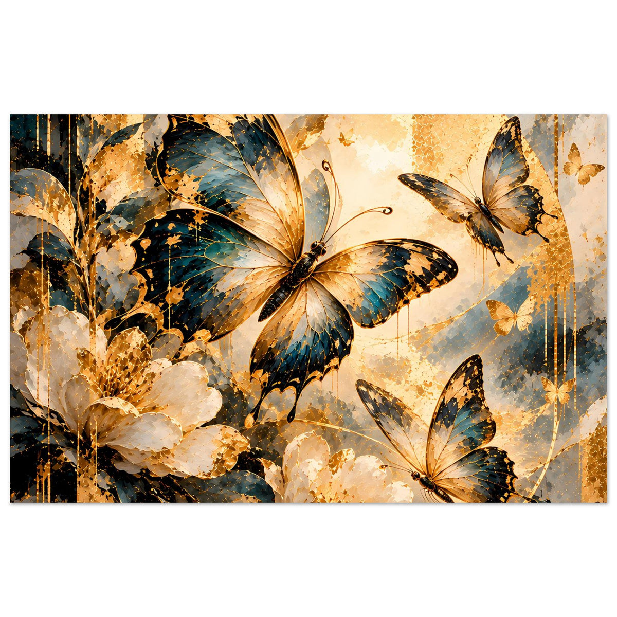 Schmetterlingsposter mit goldenen und blauen Flügeln, abstrakte Blüten und Textur