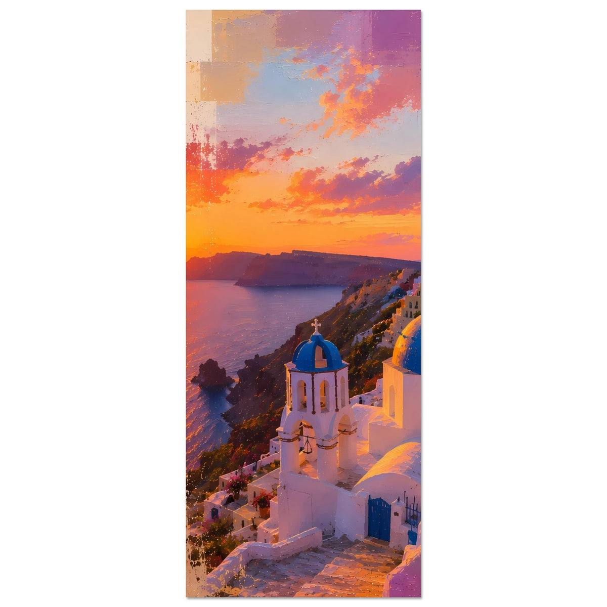 Hochformatiges Poster mit Santorini-Motiv, blau Kuppelkirche, orangefarbenes Himmelslicht und Meer