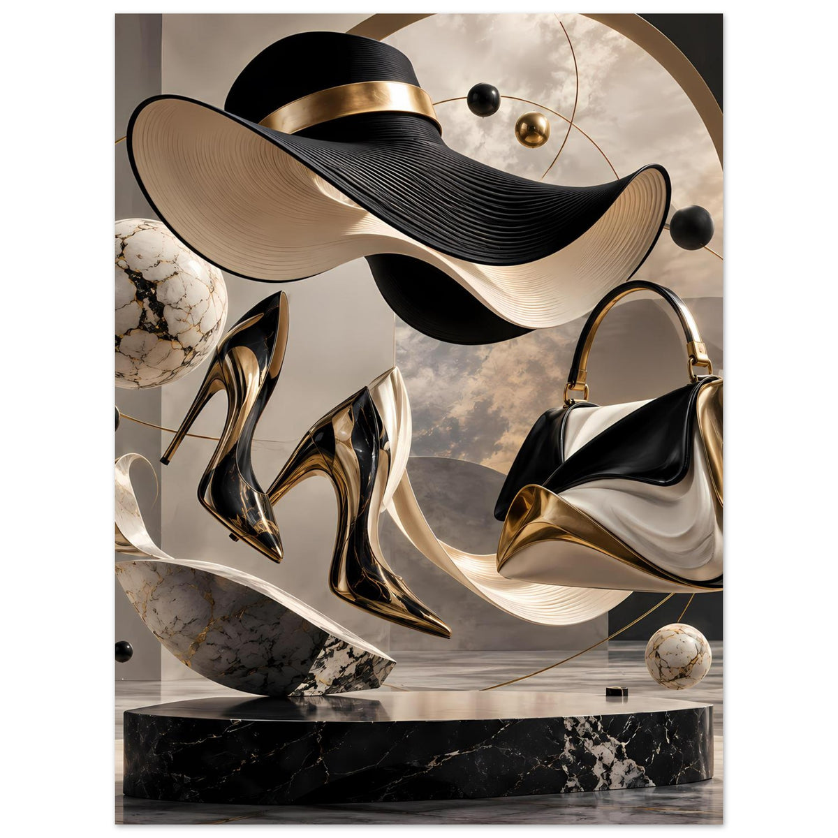 Gerahmtes abstraktes Poster: schwarze und goldene Schuhmotive, helle Hintergrundwolkenfläche.